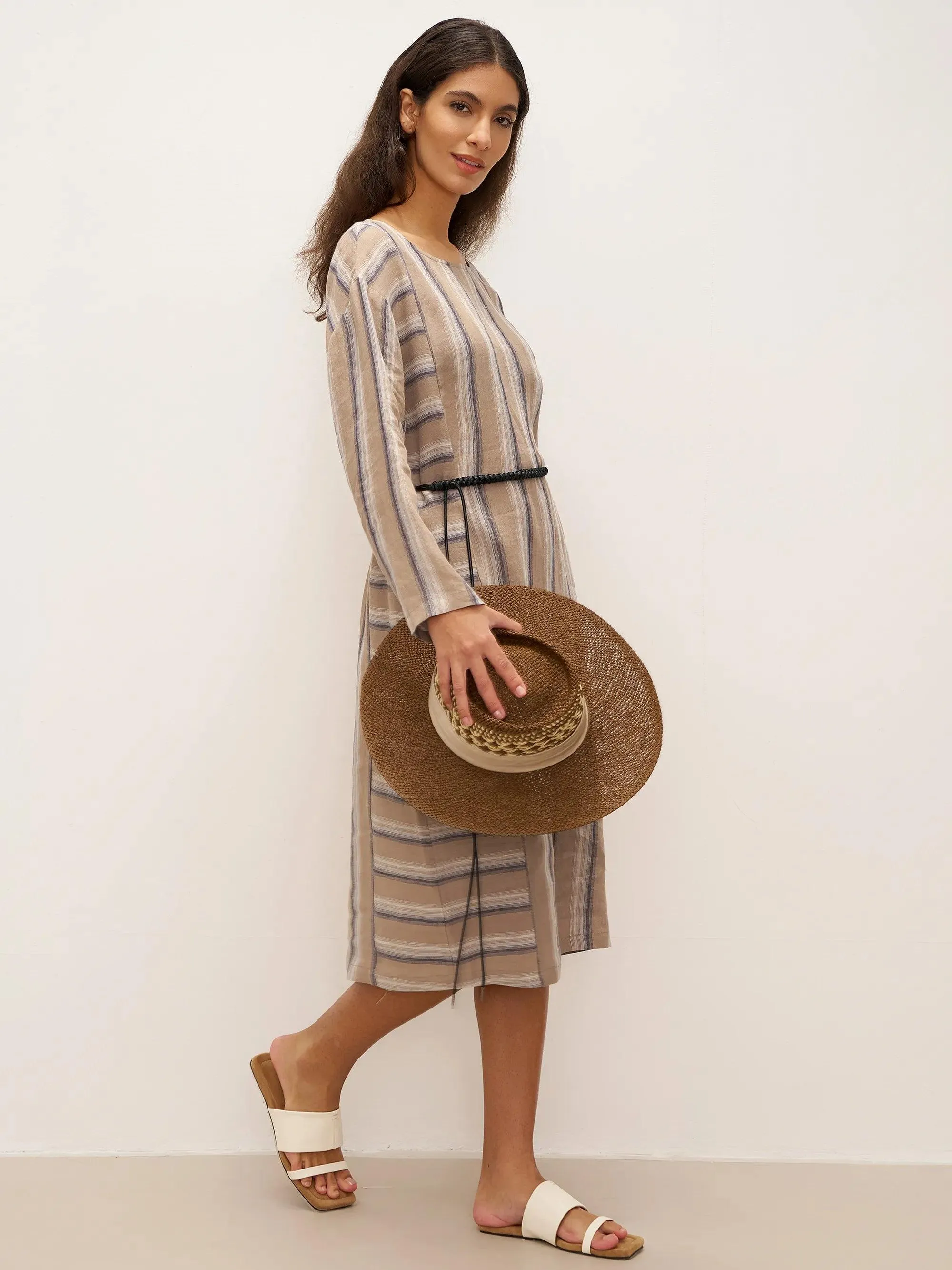 100% Linen Striped Crossweave Midi Dress ELSPETH sold by Lintico product image thumbnail 2