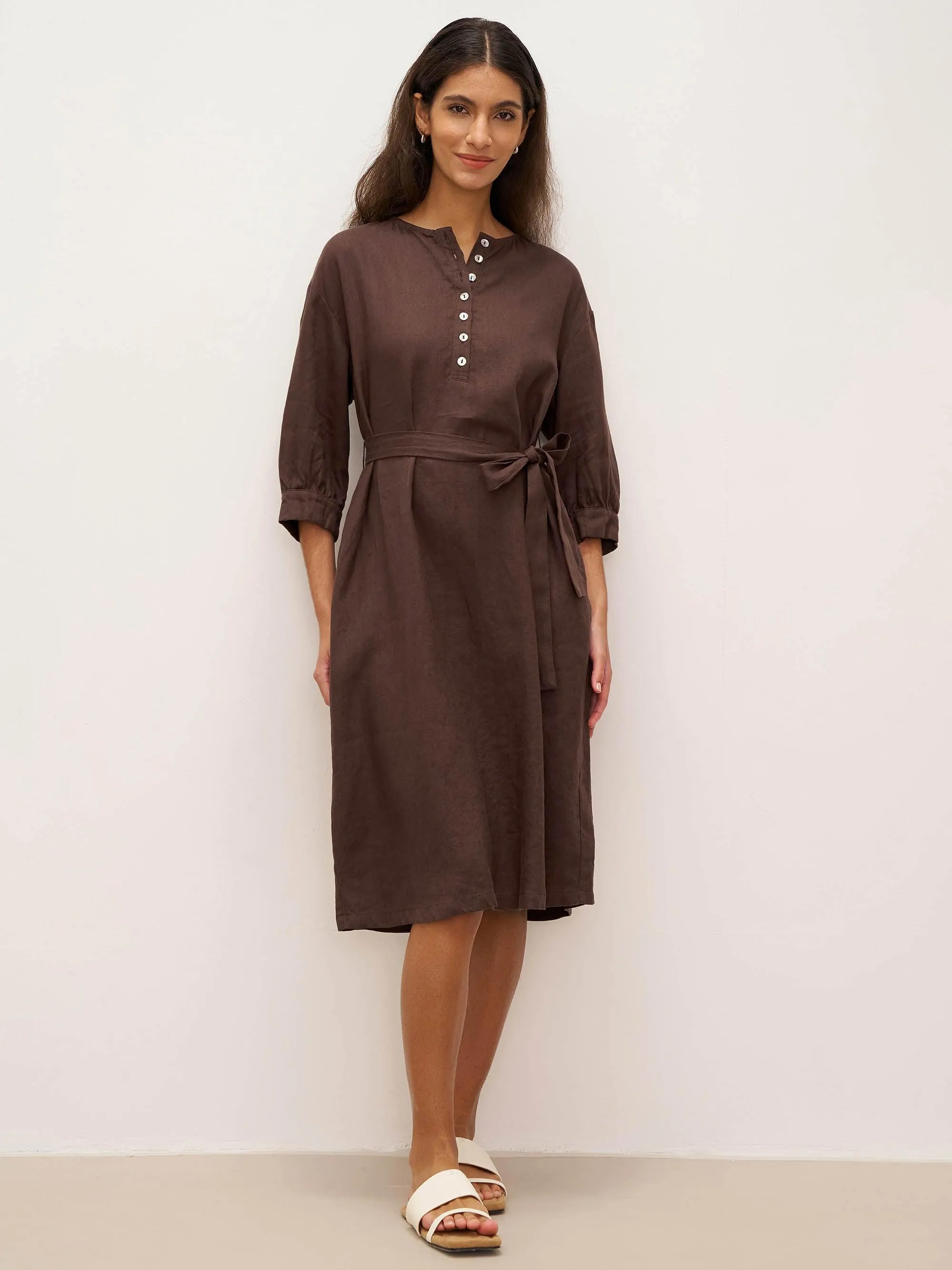 100% Linen Button Detail Midi Dress with Detachable Belt EIRA sold by Lintico