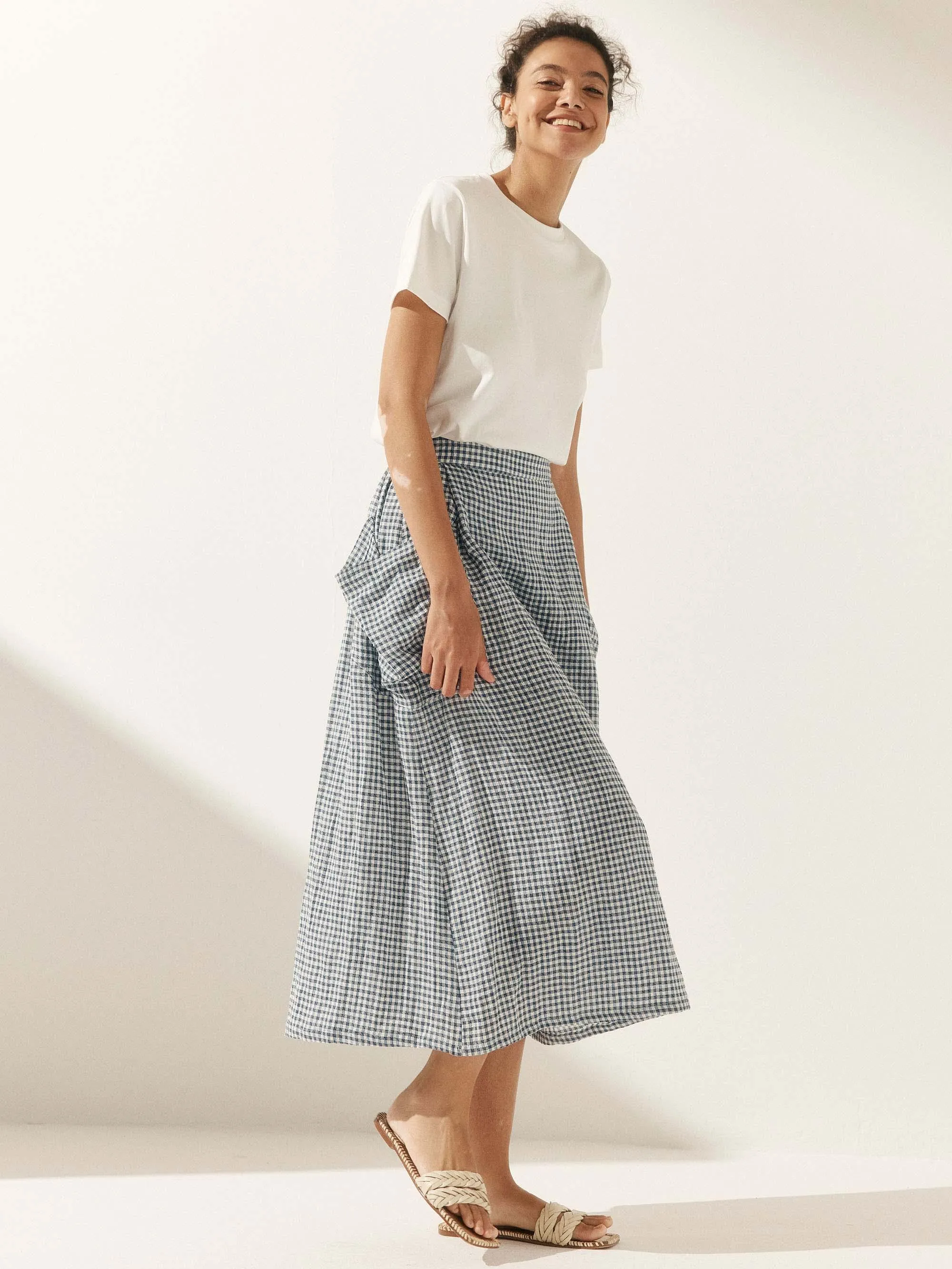 Linen Checked Elastic Waist Skirt ONYX sold by Lintico product image thumbnail 5