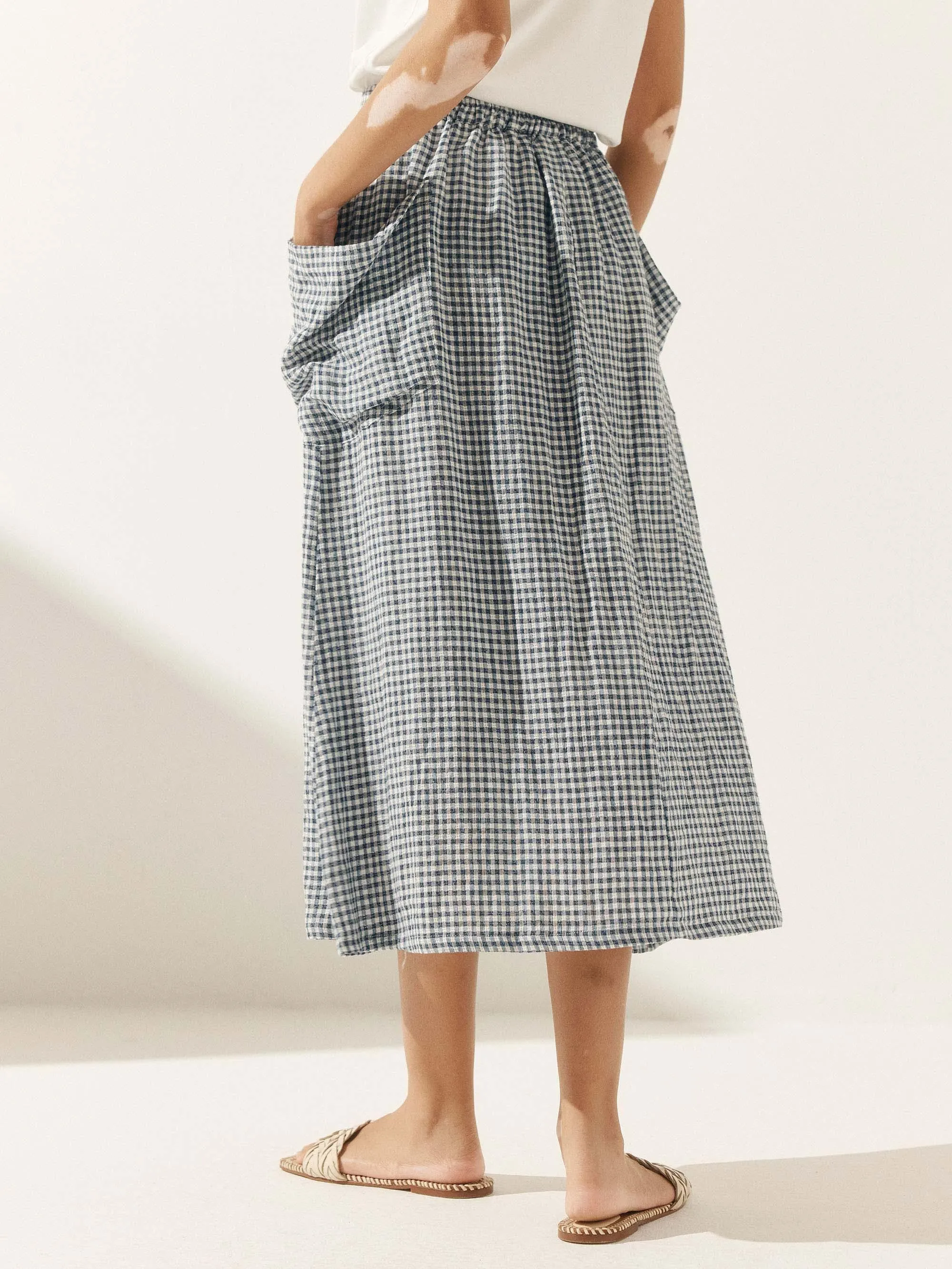 Linen Checked Elastic Waist Skirt ONYX sold by Lintico product image thumbnail 3