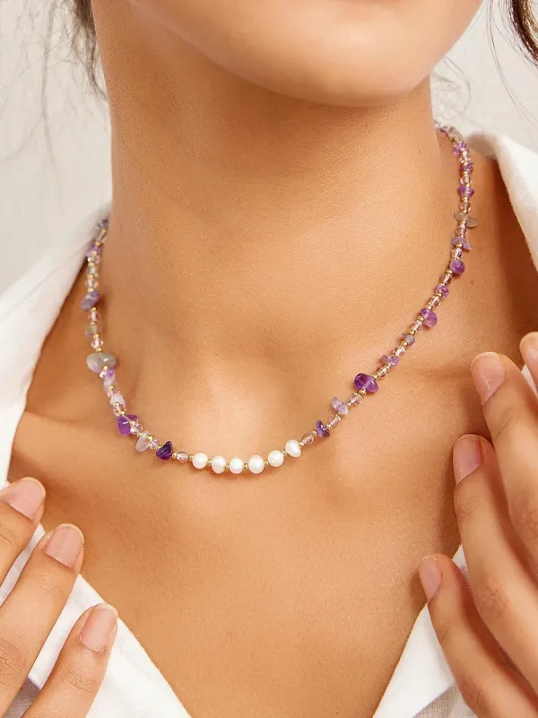 Purple Agate & Freshwater Cultured Pearl Necklace sold by Lintico