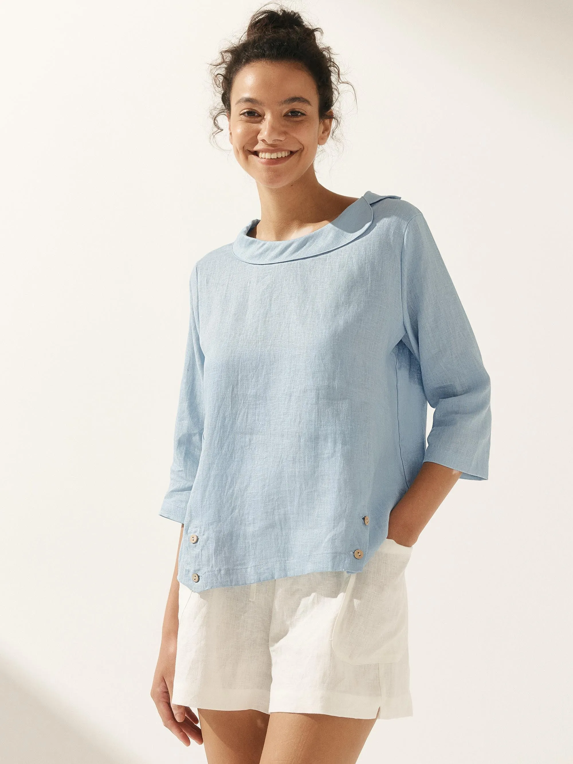 Linen Round Soft-Fold Collar Top ANAIS sold by Lintico