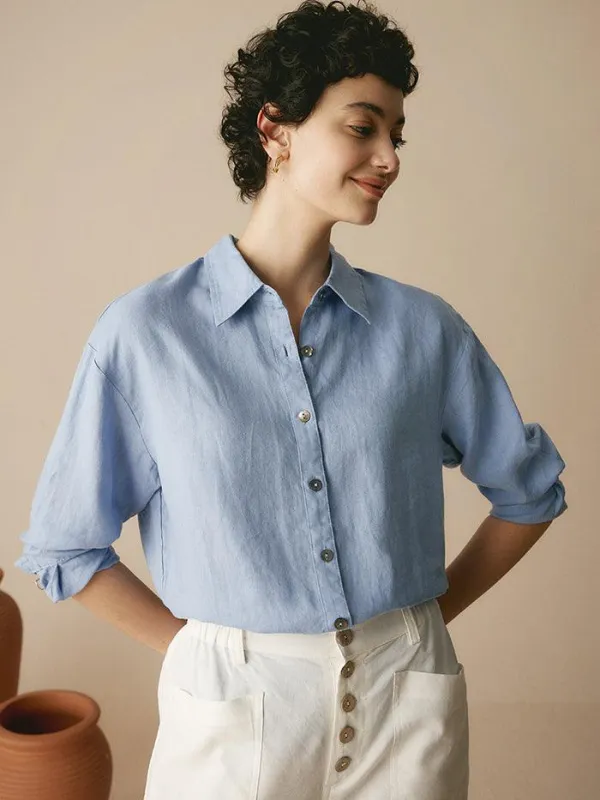 100% Linen Classic Leisure Shirt AZURE sold by Lintico