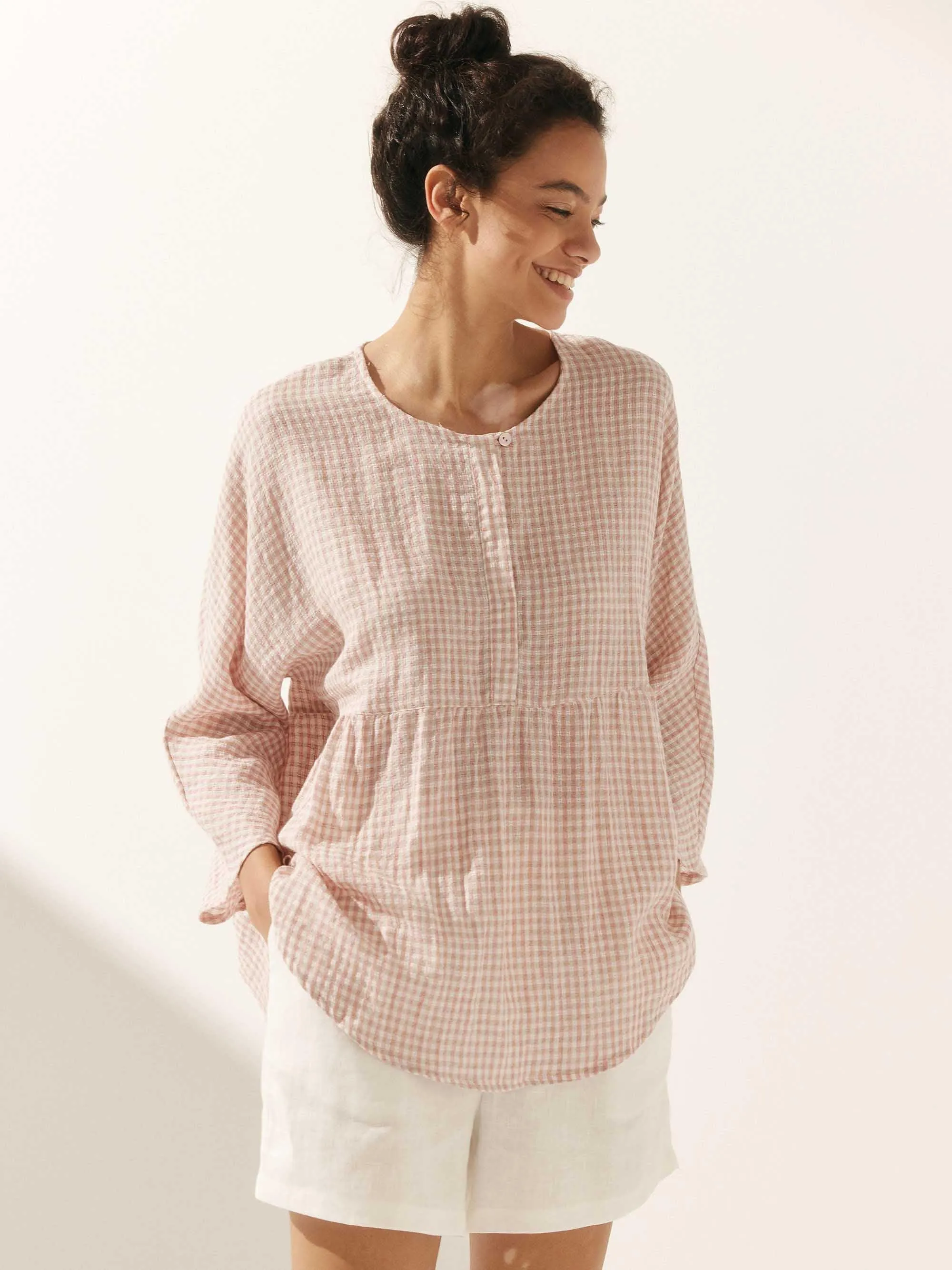 Linen Checked Long-Sleeved Top CAROLINE sold by Lintico