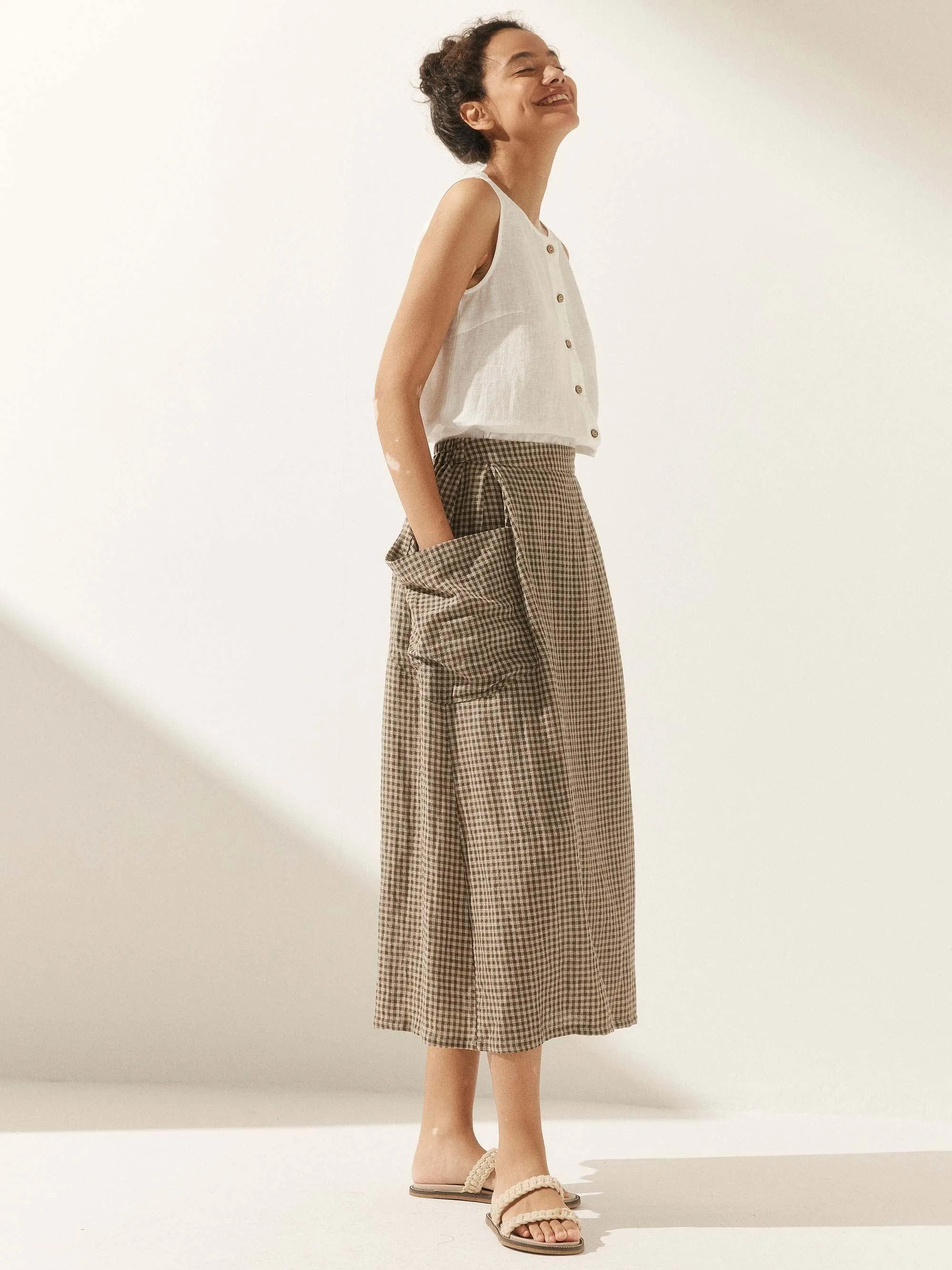 Linen Checked Elastic Waist Skirt ONYX sold by Lintico product image thumbnail 5