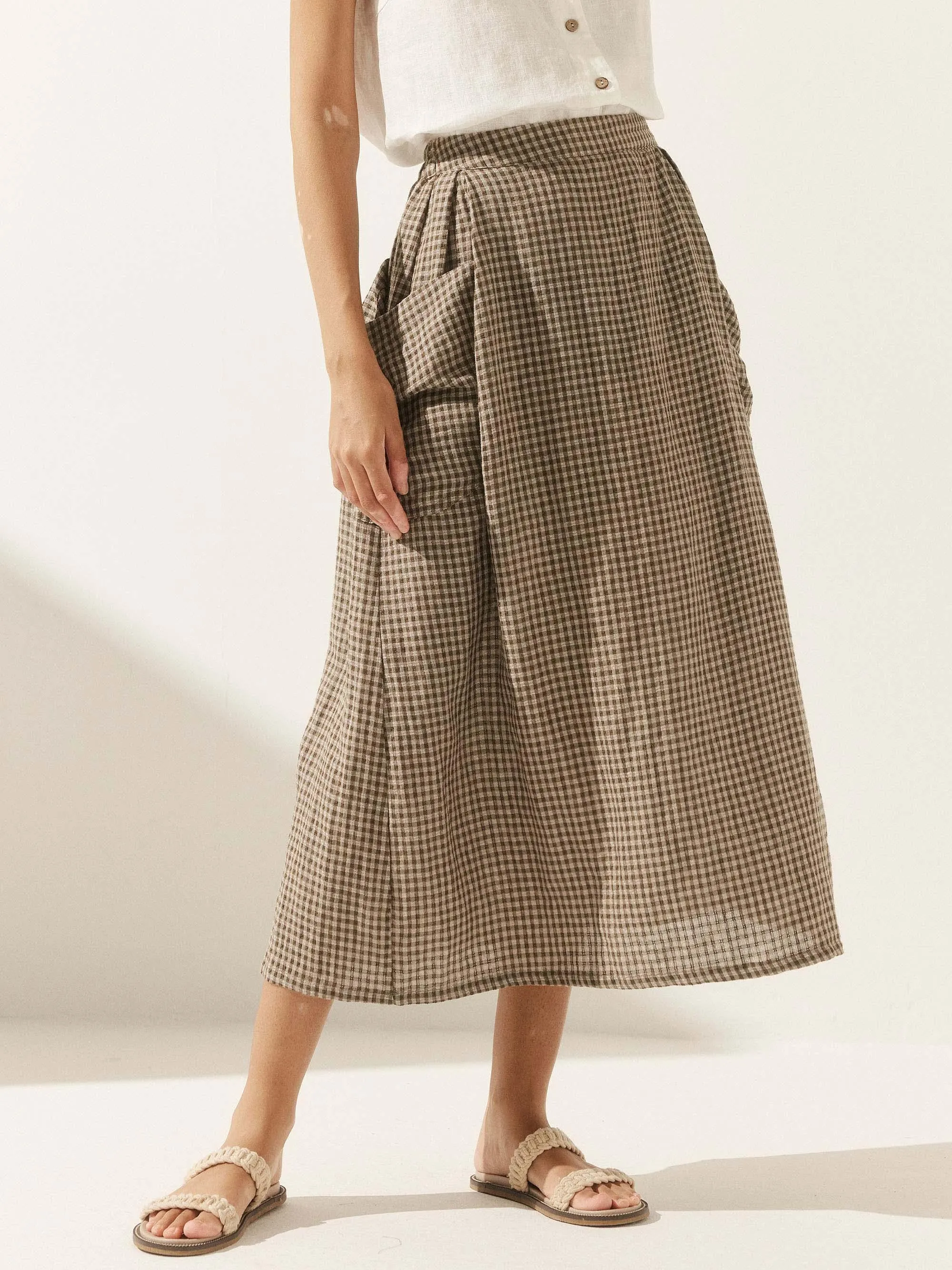 Linen Checked Elastic Waist Skirt ONYX sold by Lintico