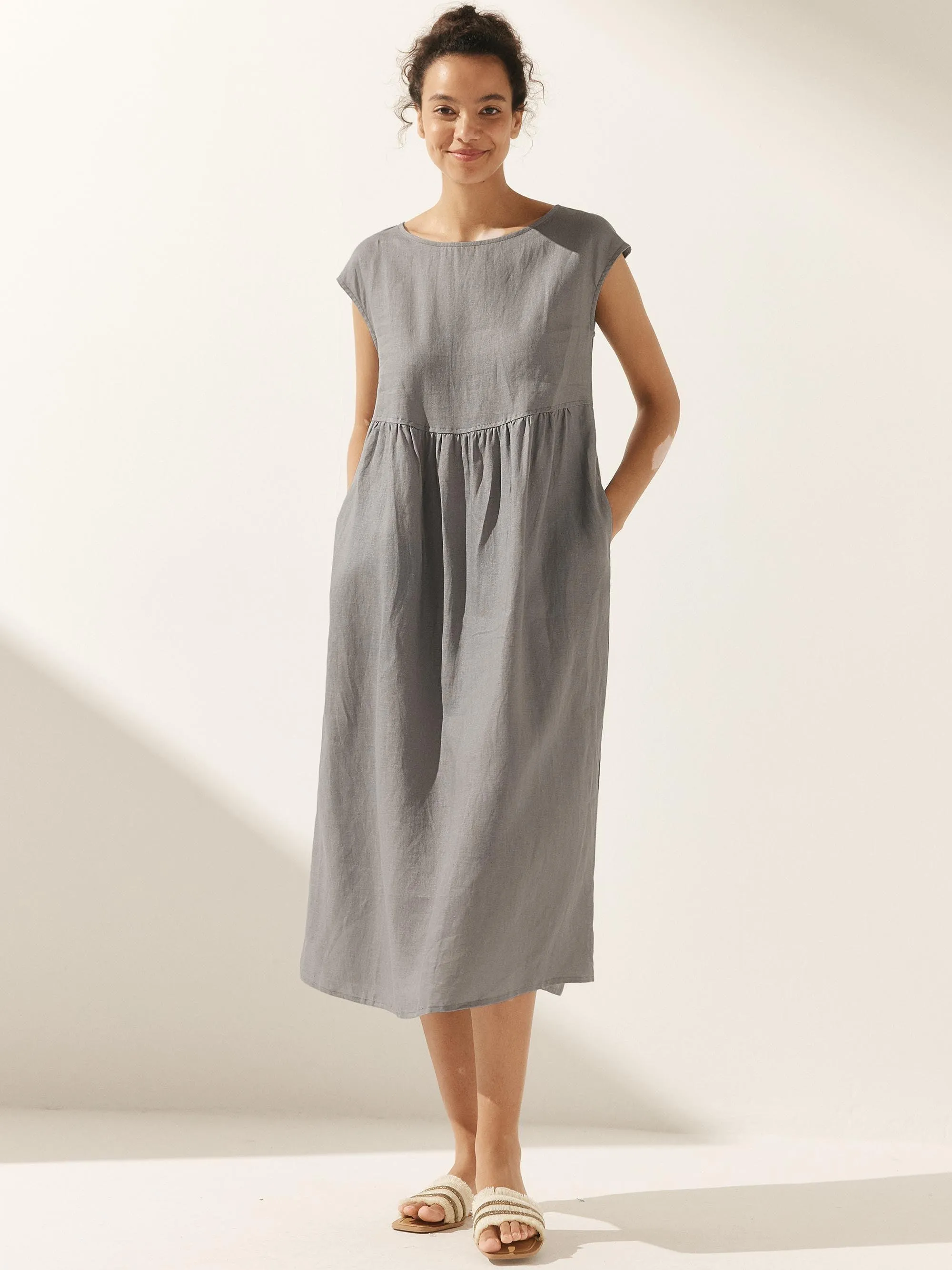 100% Linen Cap Sleeve Washed Maxi Dress JOAN sold by Lintico
