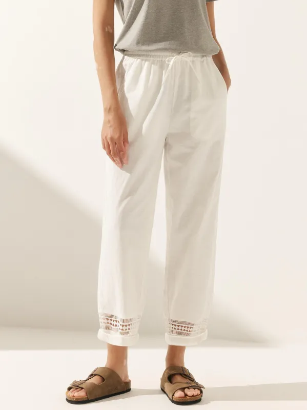 Linen Hollow Lace Stitching Elastic Waist Ankle Length Pants RITA sold by Lintico