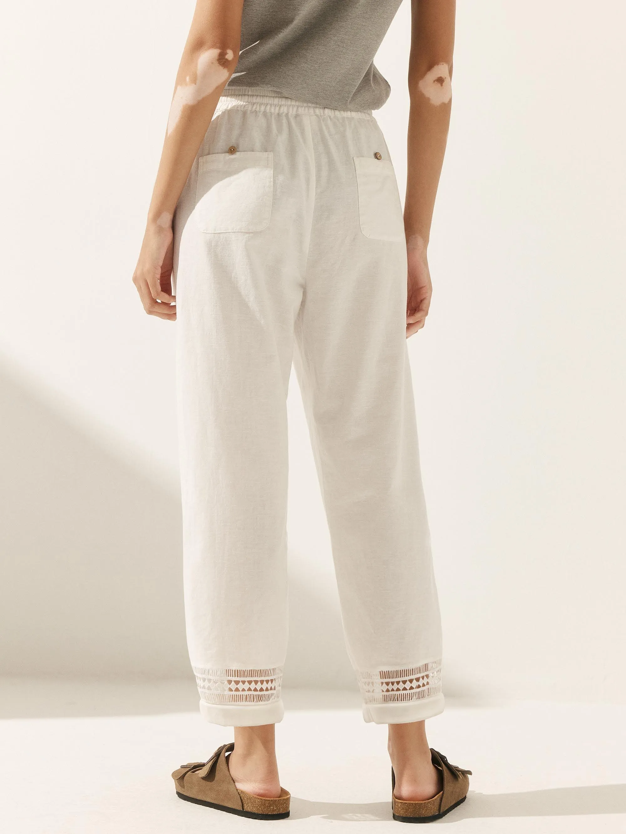 Linen Hollow Lace Stitching Elastic Waist Ankle Length Pants RITA sold by Lintico product image thumbnail 3