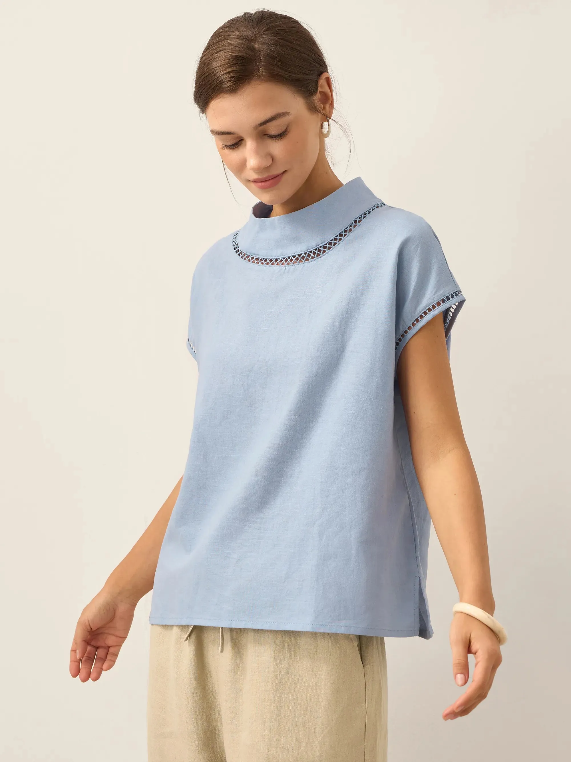 100% Linen Gingham Checked Cutout Turtleneck Top CAROL sold by Lintico product image thumbnail 3