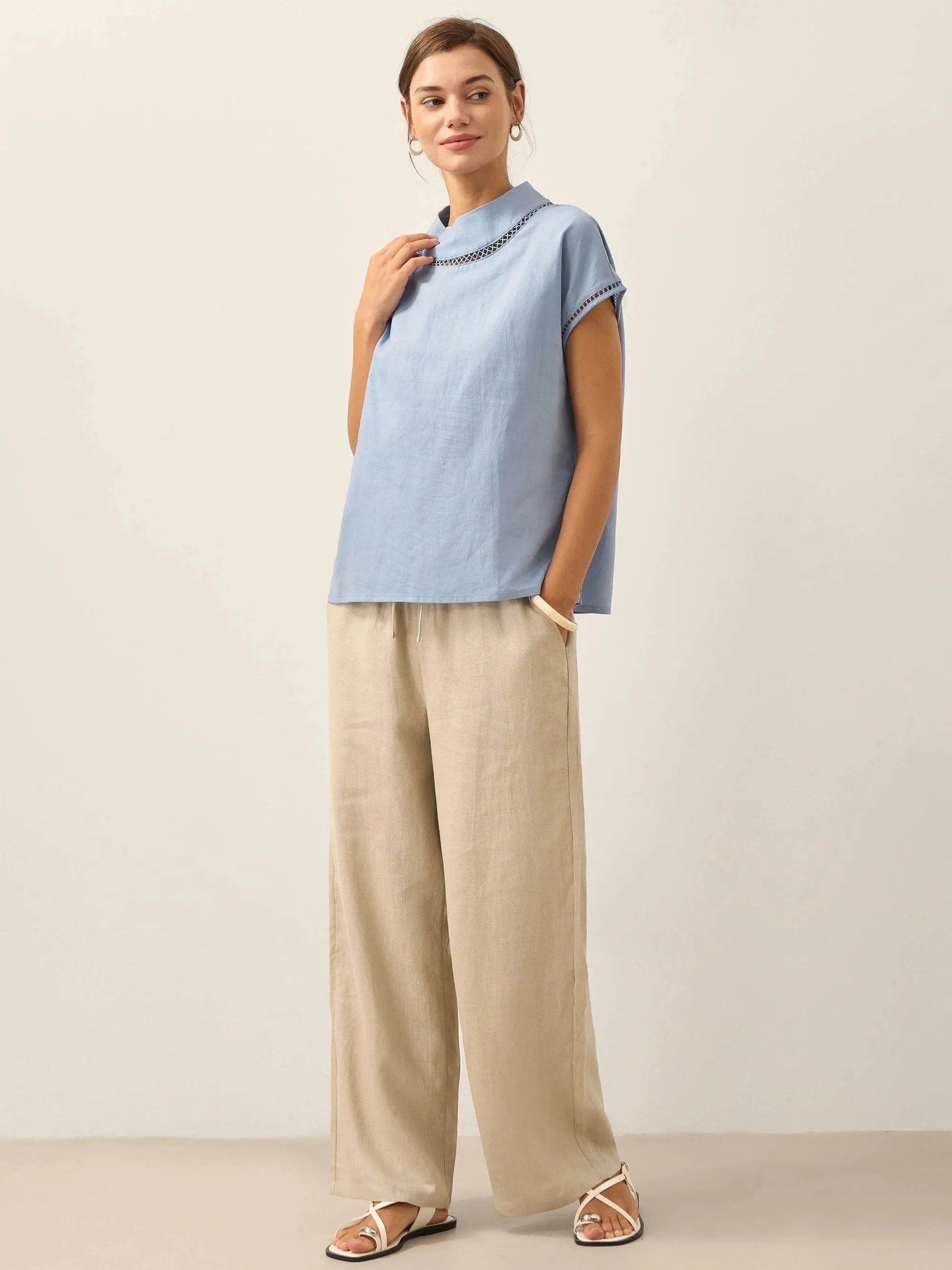 100% Linen Gingham Checked Cutout Turtleneck Top CAROL sold by Lintico product image thumbnail 5