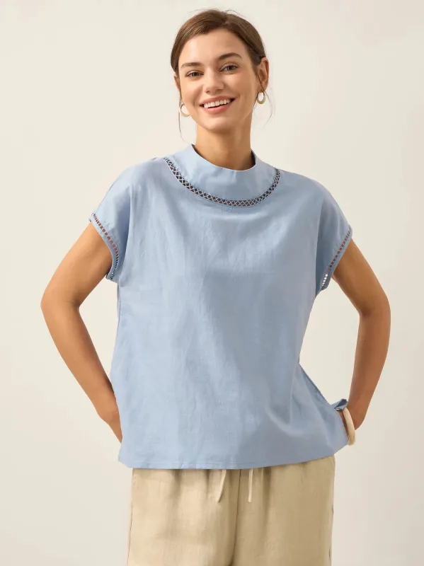 100% Linen Gingham Checked Cutout Turtleneck Top CAROL sold by Lintico