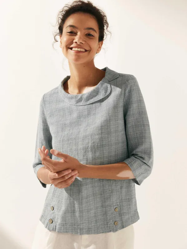 Linen Gingham Checked Round Soft-Fold Collar Top LAURA sold by Lintico