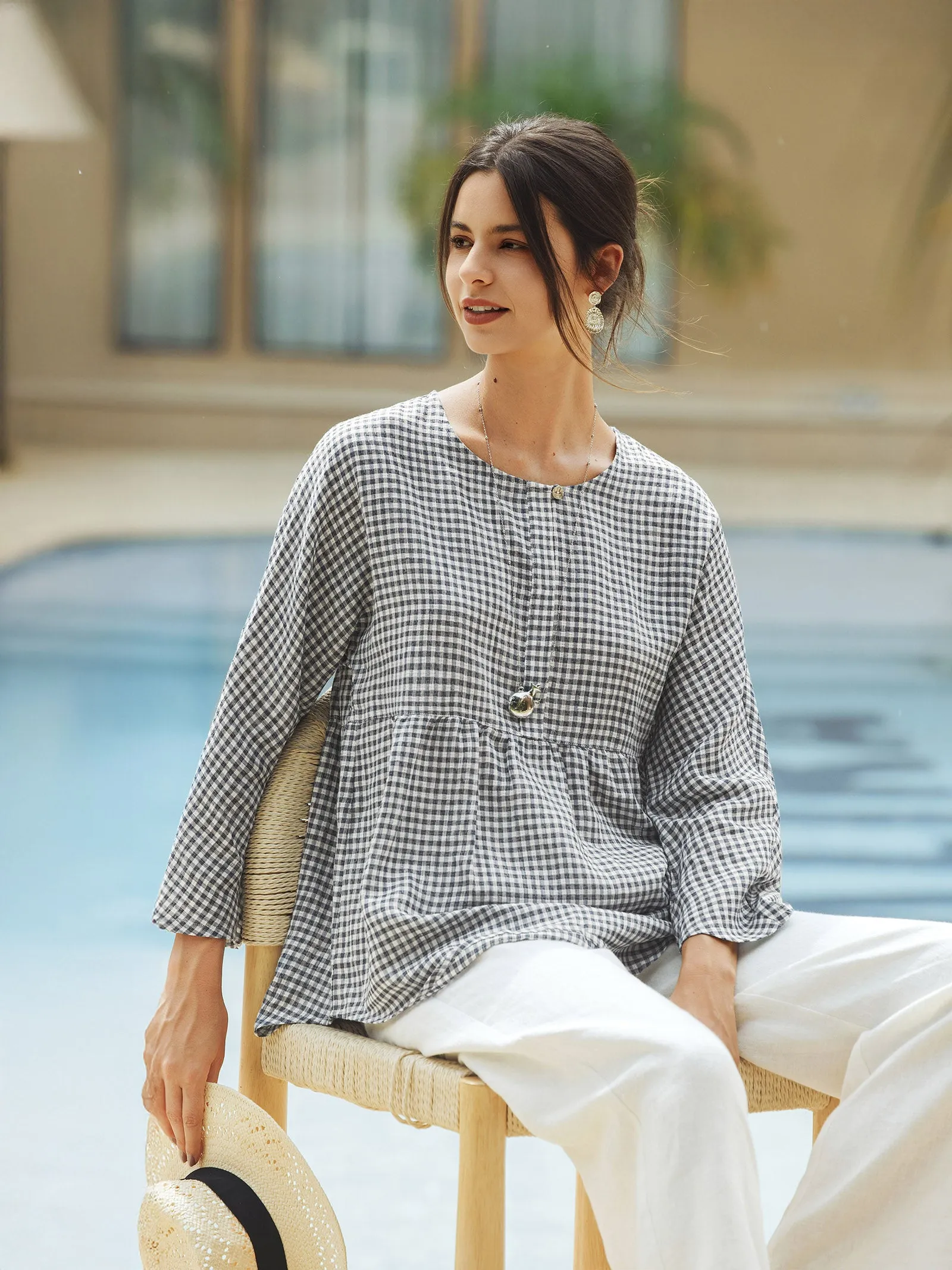 Linen Checked Long-Sleeved Top CAROLINE sold by Lintico product image thumbnail 2