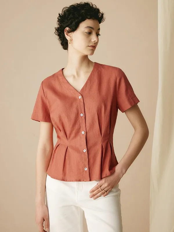 100% Linen Short-Sleeve Pleated Waist Shirt JAN sold by Lintico