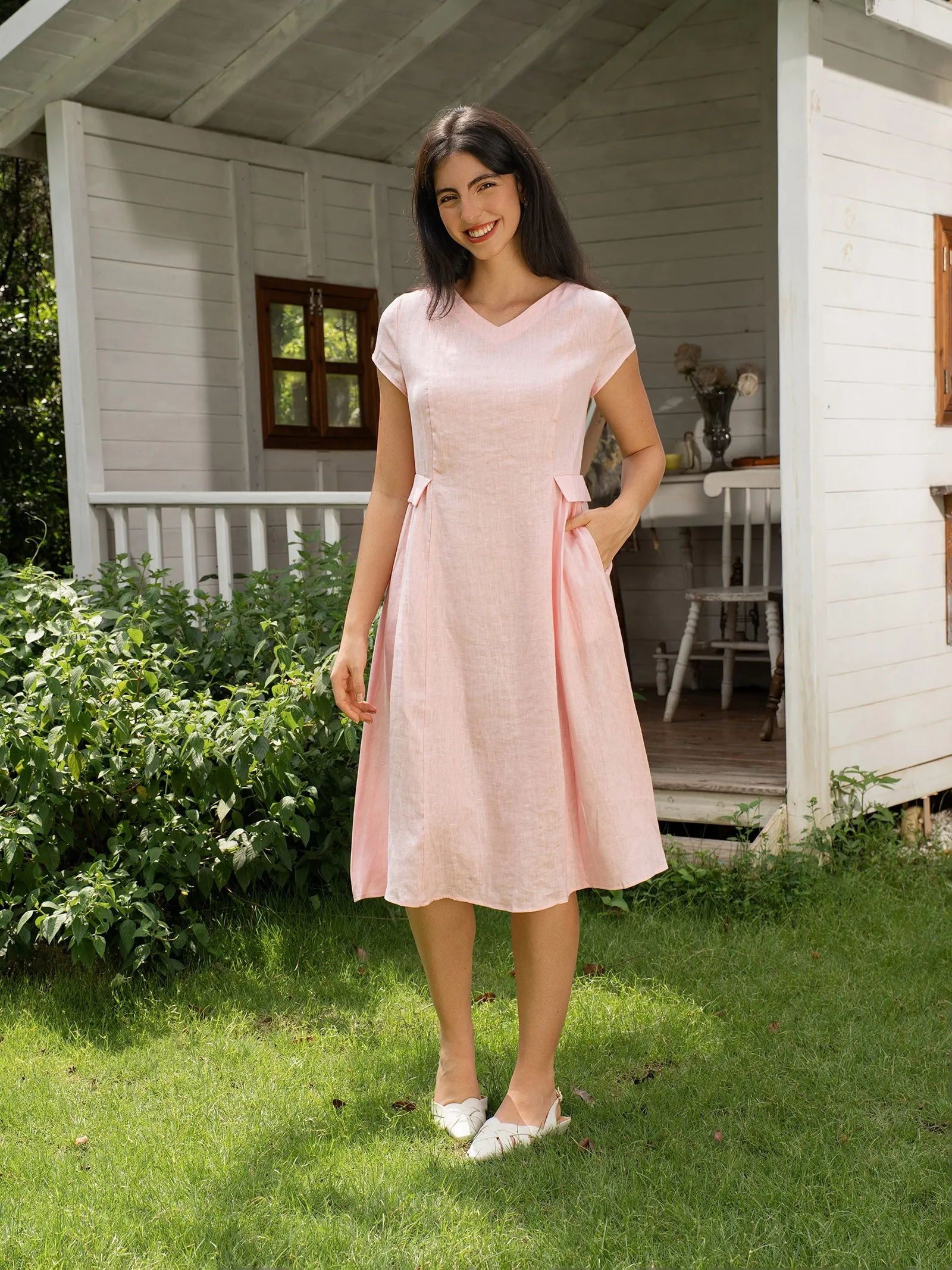 100% Linen Natural Summer V-Neck Dress ALEXA sold by Lintico product image thumbnail 3