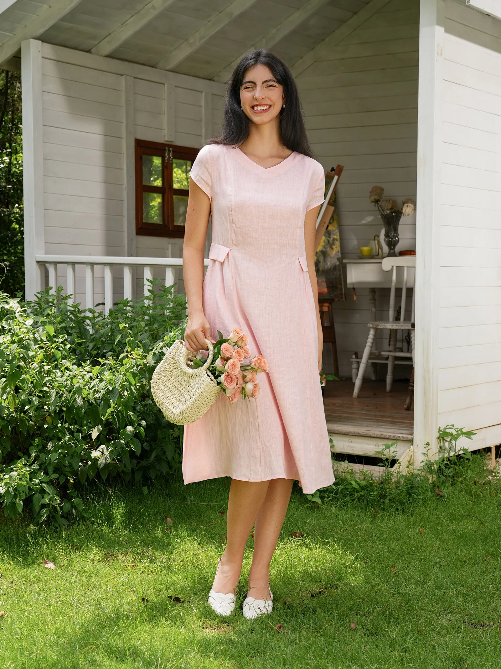 100% Linen Natural Summer V-Neck Dress ALEXA sold by Lintico product image thumbnail 2