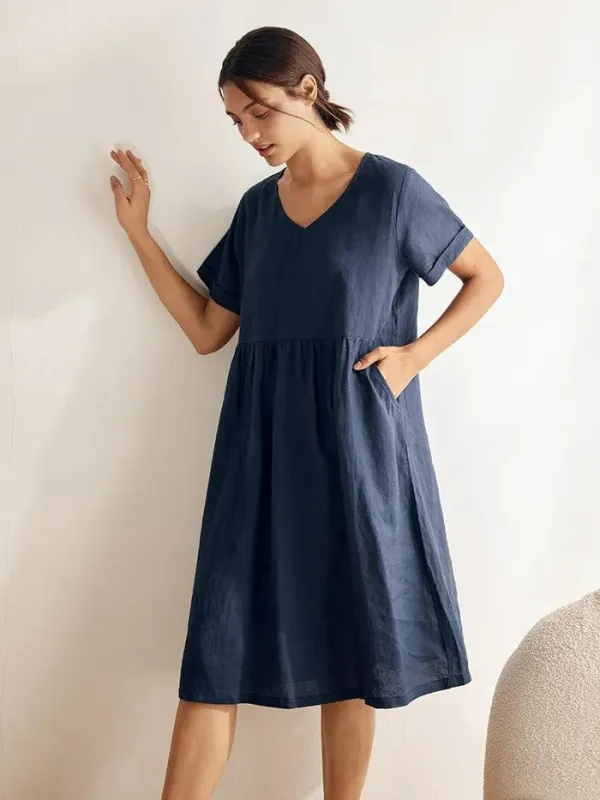 100% Linen V-Neck Waist Ruched Pocket Dress CHARLOTTE sold by Lintico