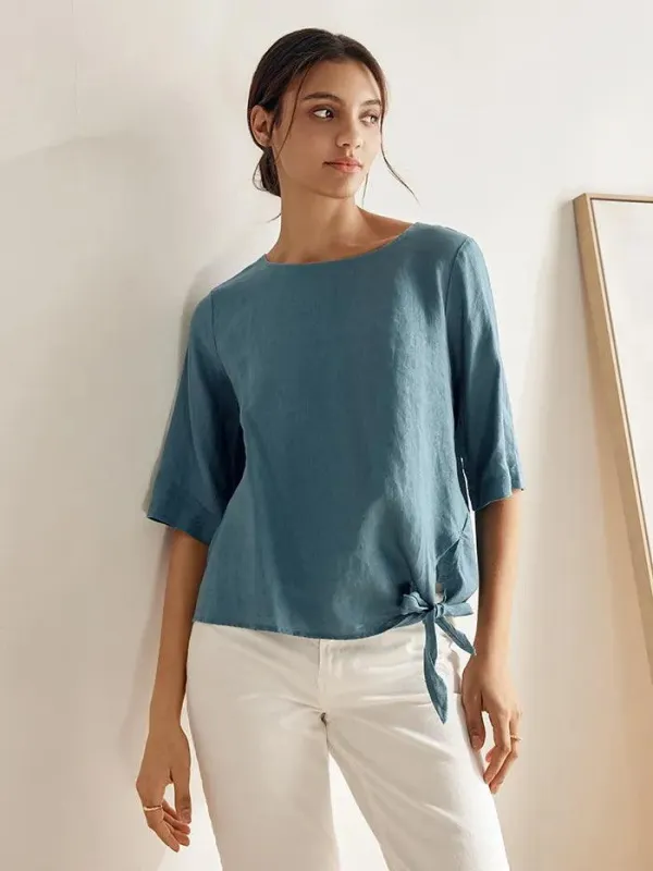 100% Linen Side-Tie Button-Back Boxy Top ELSIE sold by Lintico