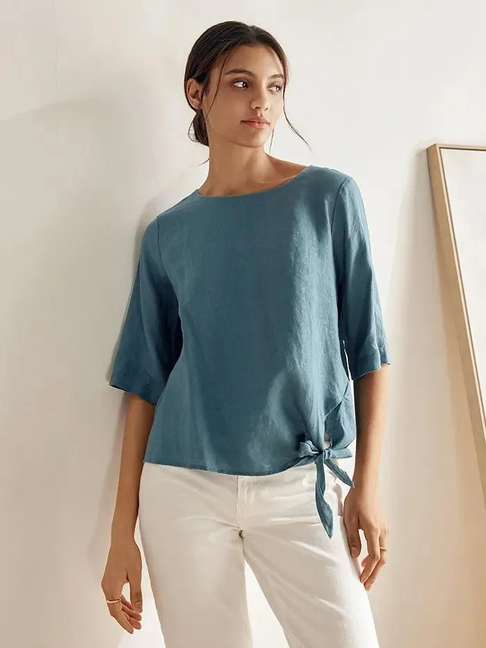 100% Linen Side-Tie Button-Back Boxy Top ELSIE sold by Lintico