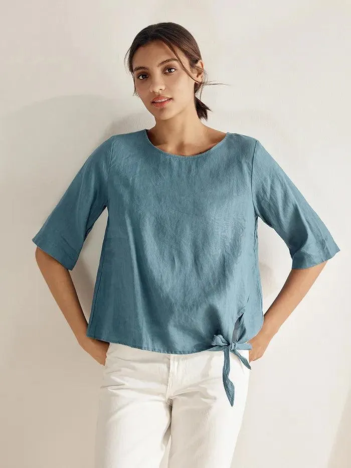 100% Linen Side-Tie Button-Back Boxy Top ELSIE sold by Lintico product image thumbnail 3