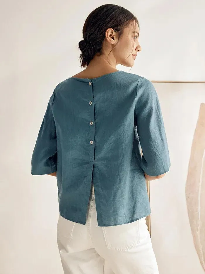 100% Linen Side-Tie Button-Back Boxy Top ELSIE sold by Lintico product image thumbnail 2