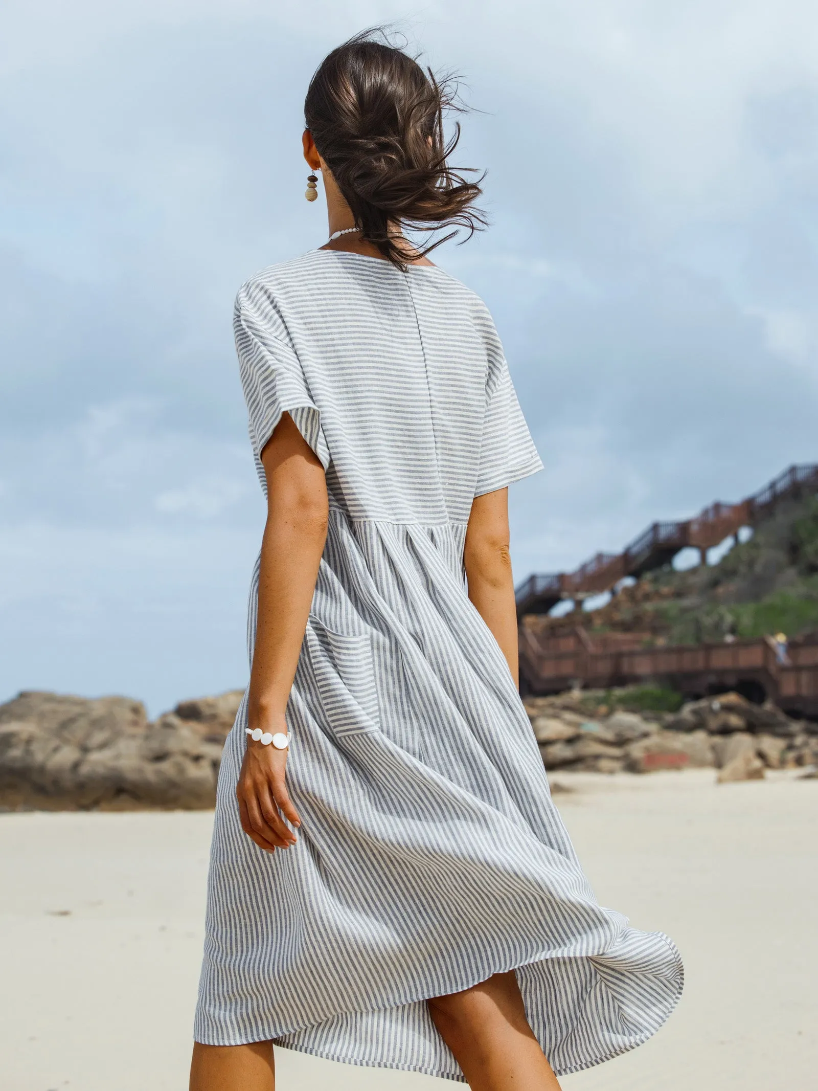 100% Linen Pinstripe Paneled Short-Sleeved Dress MORGAN sold by Lintico product image thumbnail 3