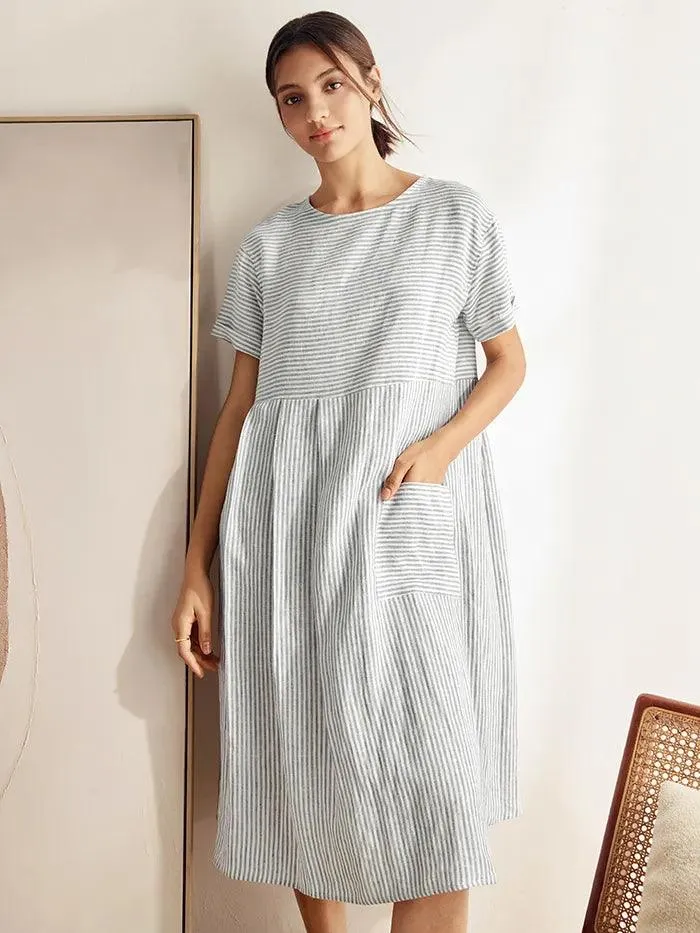 100% Linen Pinstripe Paneled Short-Sleeved Dress MORGAN sold by Lintico product image thumbnail 5