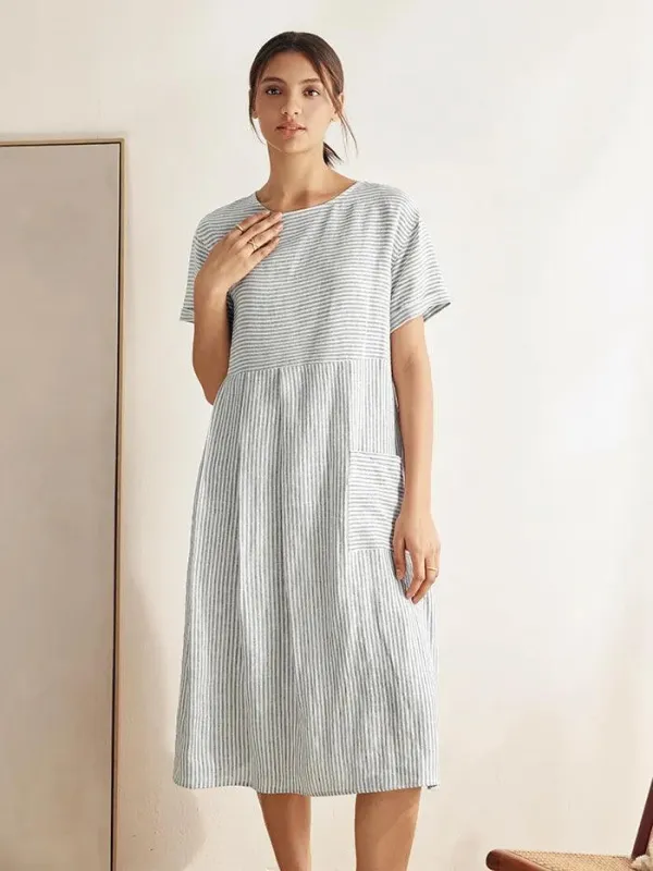 100% Linen Pinstripe Paneled Short-Sleeved Dress MORGAN sold by Lintico