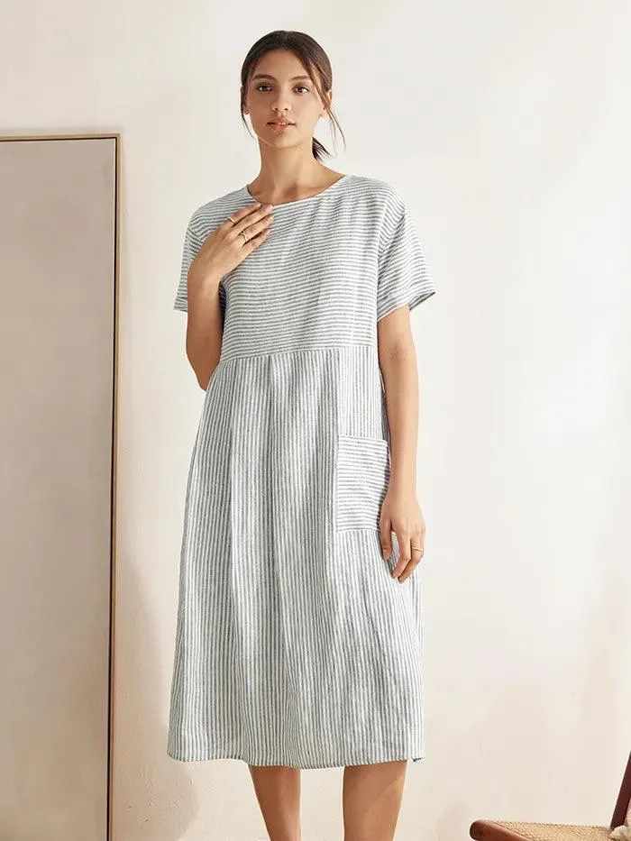 100% Linen Pinstripe Paneled Short-Sleeved Dress MORGAN sold by Lintico