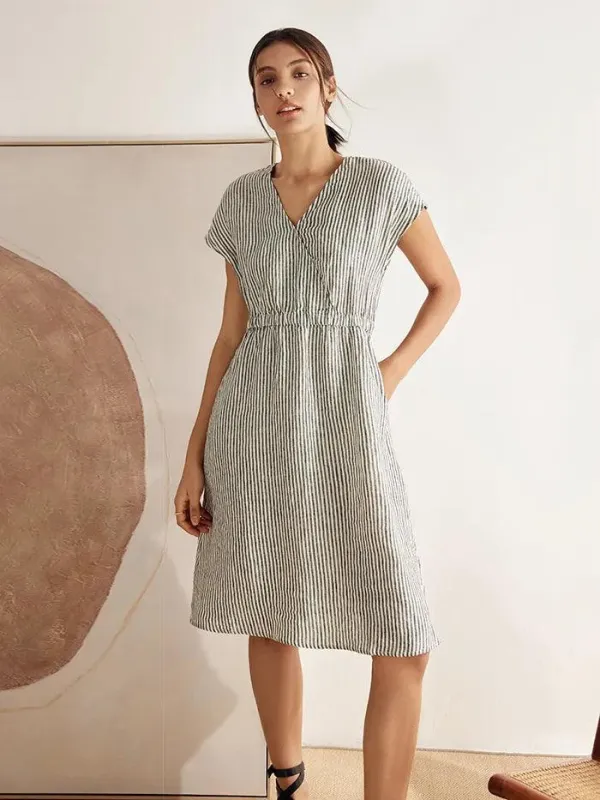 100% Linen Striped Elastic-Waist Midi Dress ARIA sold by Lintico
