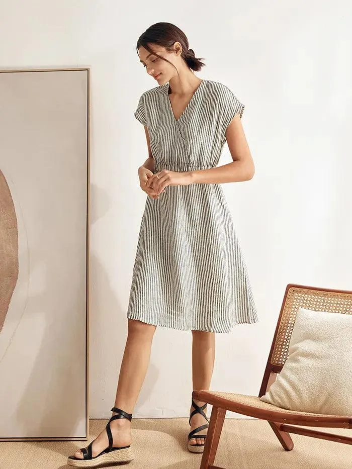 100% Linen Striped Elastic-Waist Midi Dress ARIA sold by Lintico product image thumbnail 5