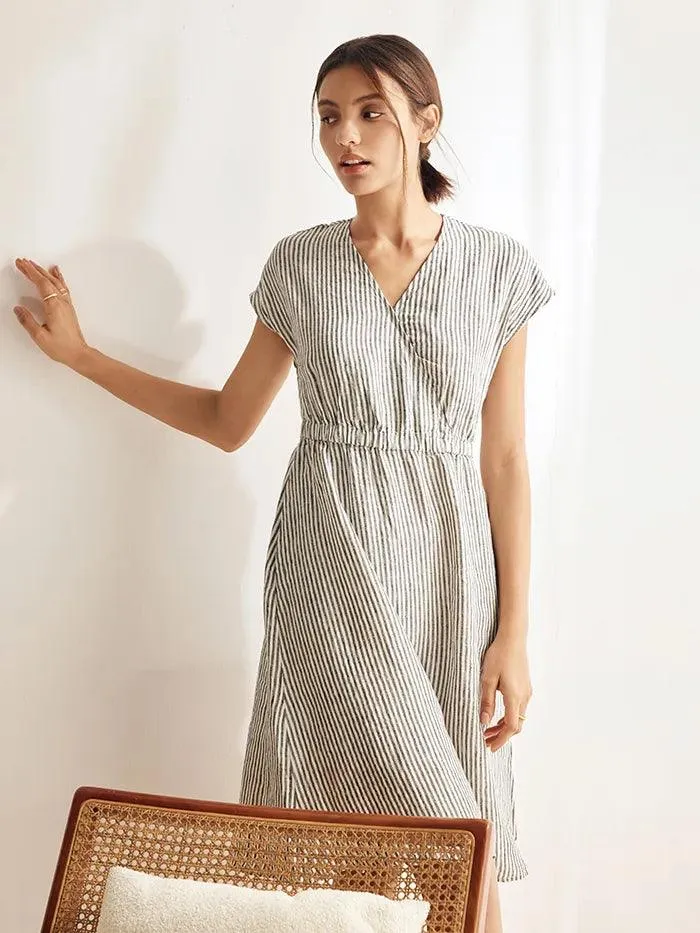 100% Linen Striped Elastic-Waist Midi Dress ARIA sold by Lintico product image thumbnail 4