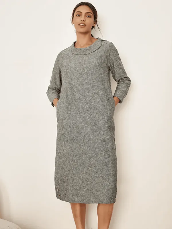 Linen Round Soft-Fold Collar Midi Dress MELLOW sold by Lintico
