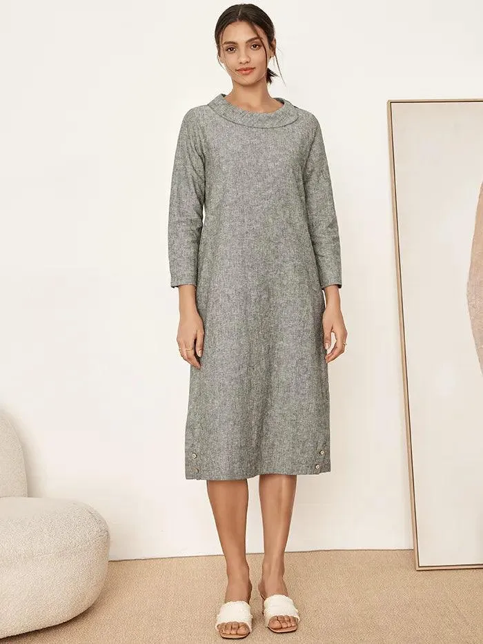 Linen Round Soft-Fold Collar Midi Dress MELLOW sold by Lintico product image thumbnail 4