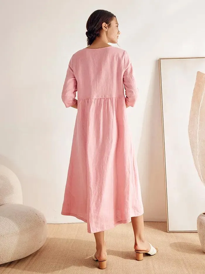 100% Linen Loose Fit Button Waist Gathered Maxi Dress LUNA sold by Lintico product image thumbnail 5