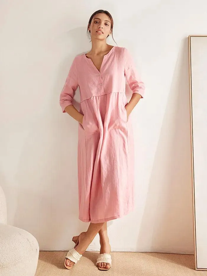 100% Linen Loose Fit Button Waist Gathered Maxi Dress LUNA sold by Lintico product image thumbnail 4