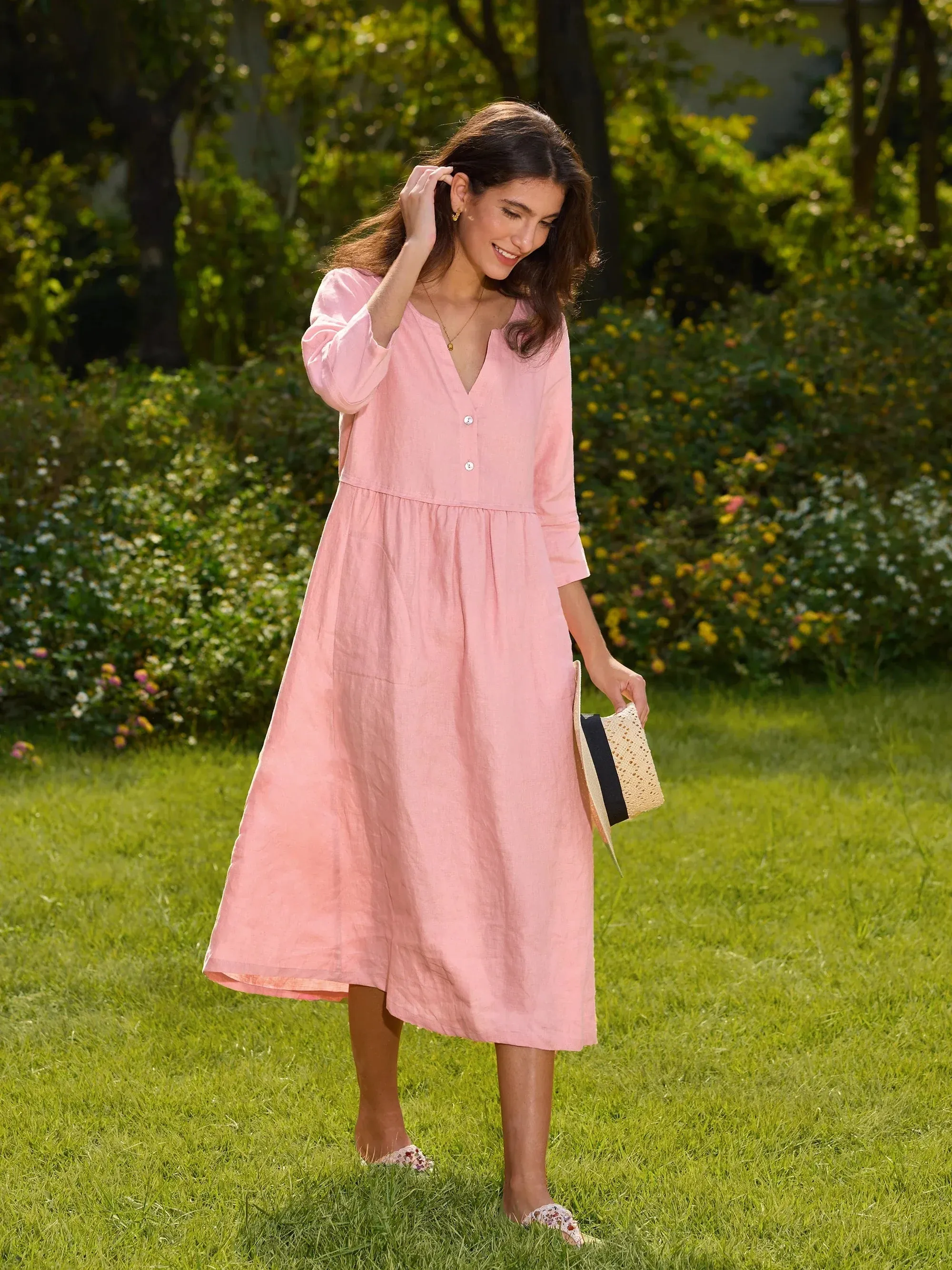 100% Linen Loose Fit Button Waist Gathered Maxi Dress LUNA sold by Lintico product image thumbnail 2