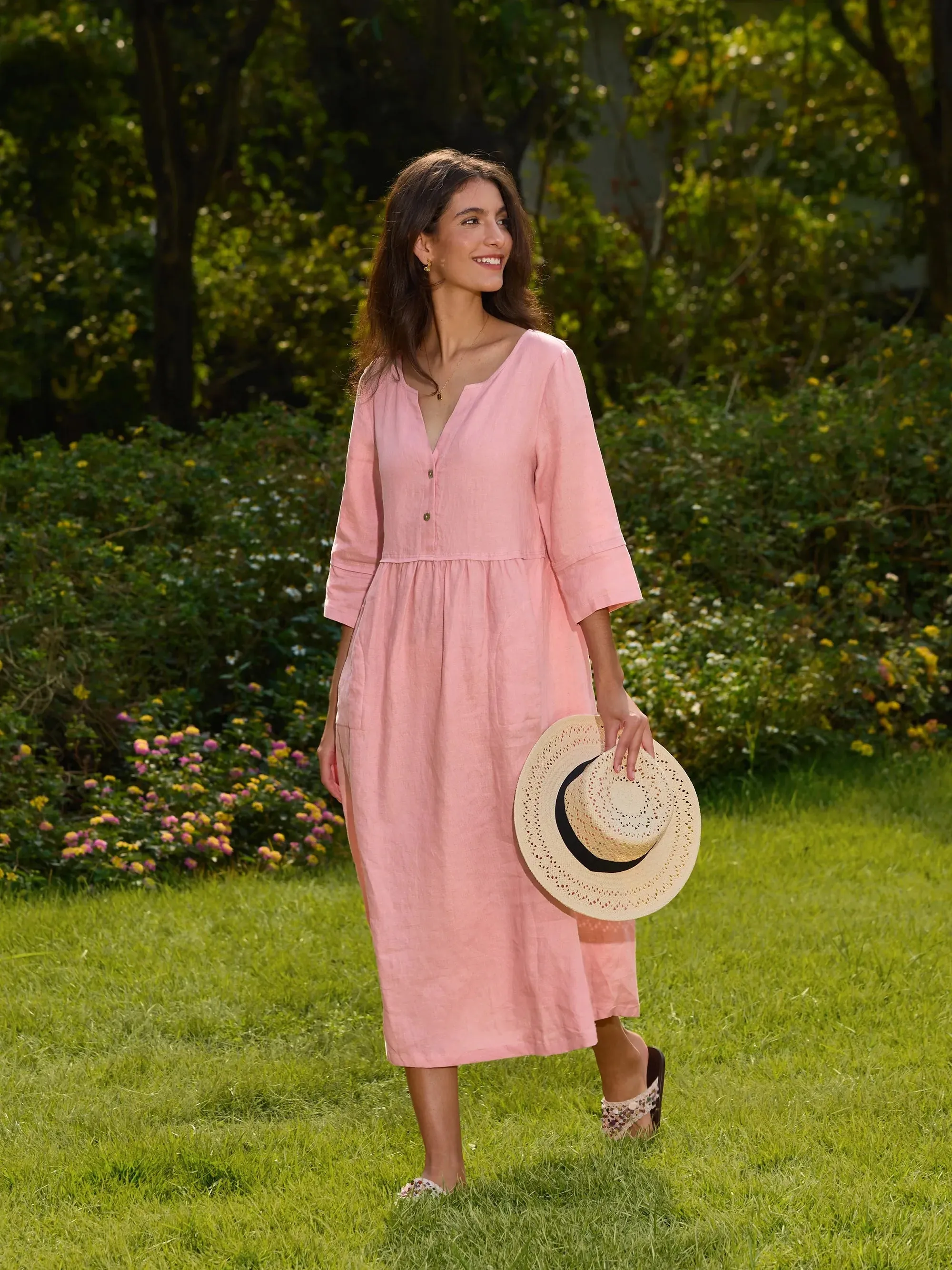 100% Linen Loose Fit Button Waist Gathered Maxi Dress LUNA sold by Lintico product image thumbnail 3