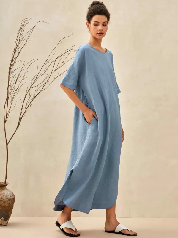 100% Linen Loose Fit Kimono Maxi Dress MADDIE sold by Lintico