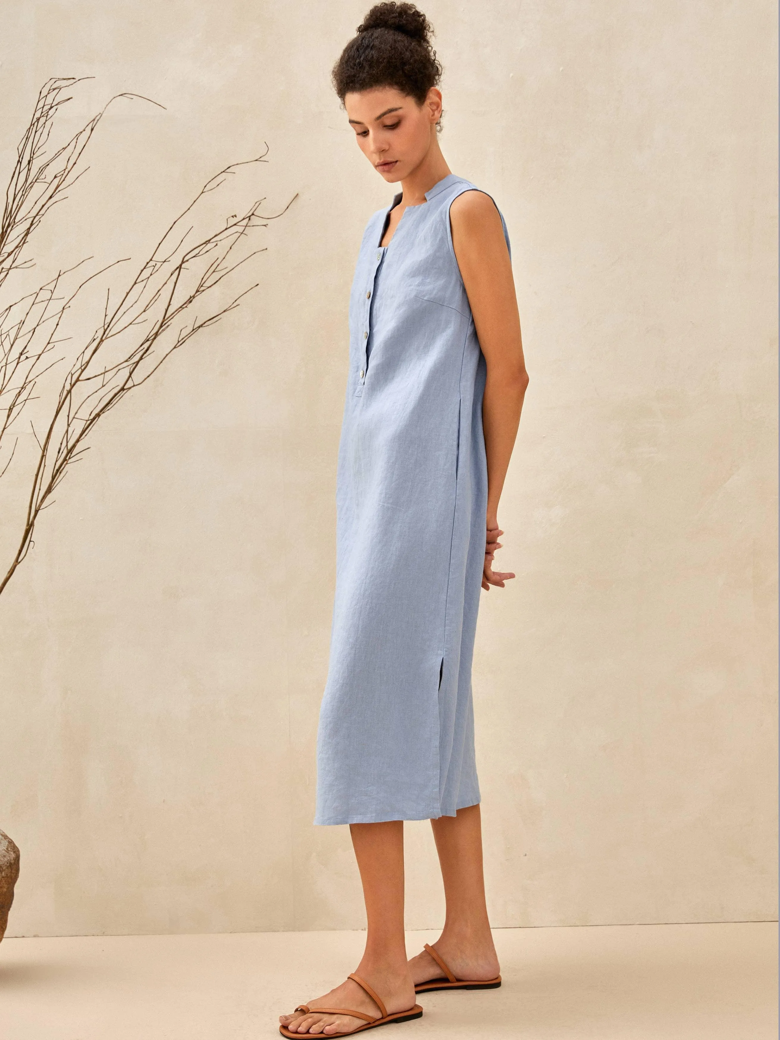 100% Linen Sleeveless Straight High Slit Maxi Dress TAYLOR sold by Lintico product image thumbnail 3