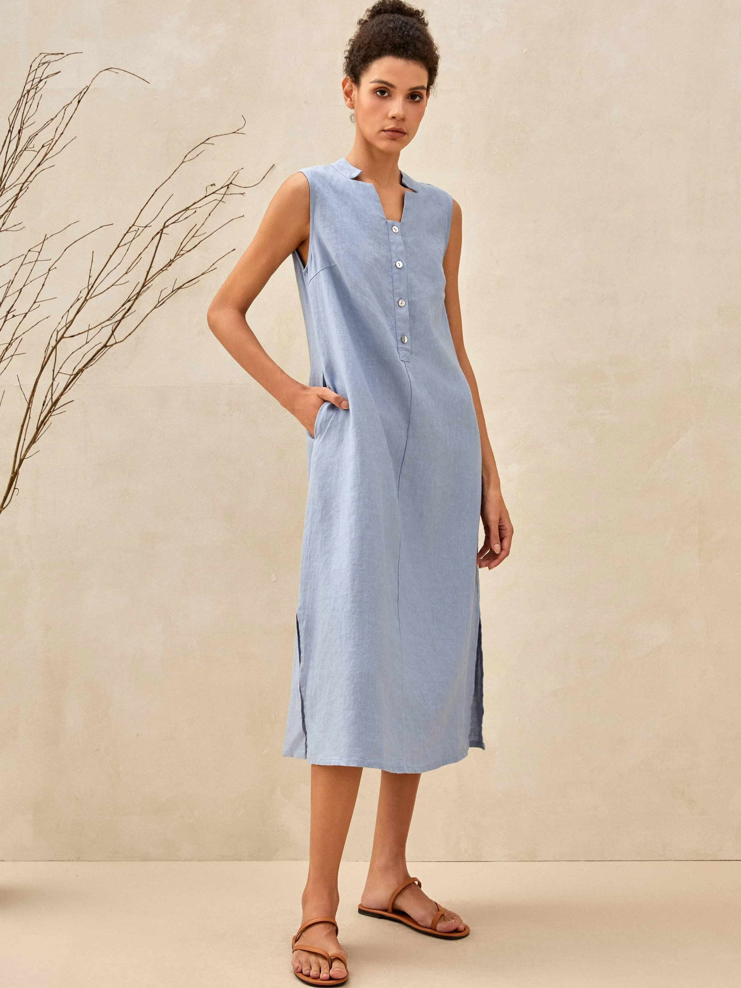 100% Linen Sleeveless Straight High Slit Maxi Dress TAYLOR sold by Lintico product image thumbnail 2