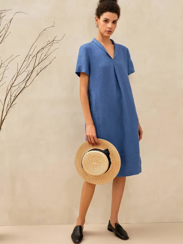 100% Linen Shawl V-Neck Midi Dress CLEO sold by Lintico