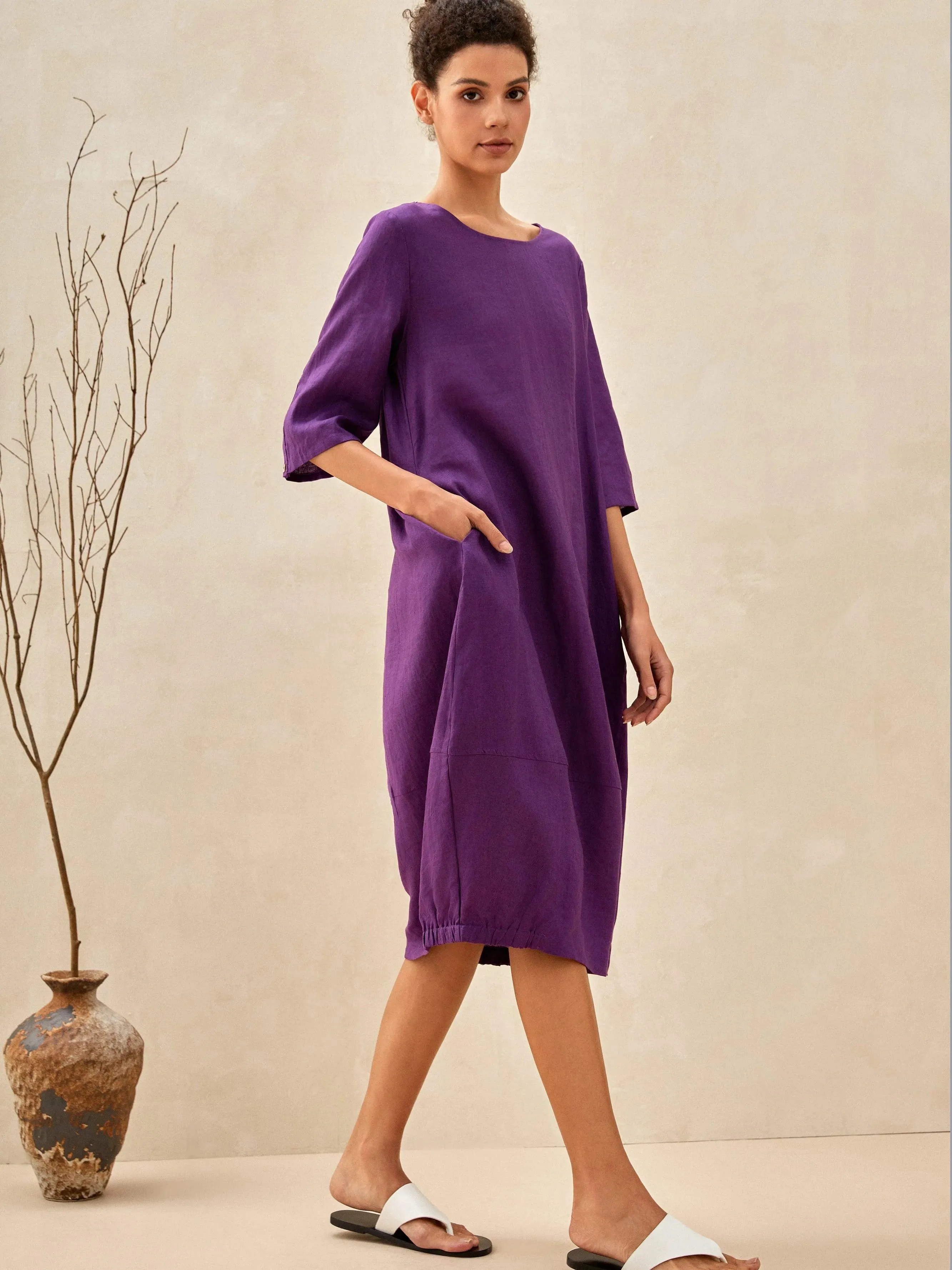 100% Linen Collarless Mid-Length Dress SOFIA sold by Lintico product image thumbnail 2
