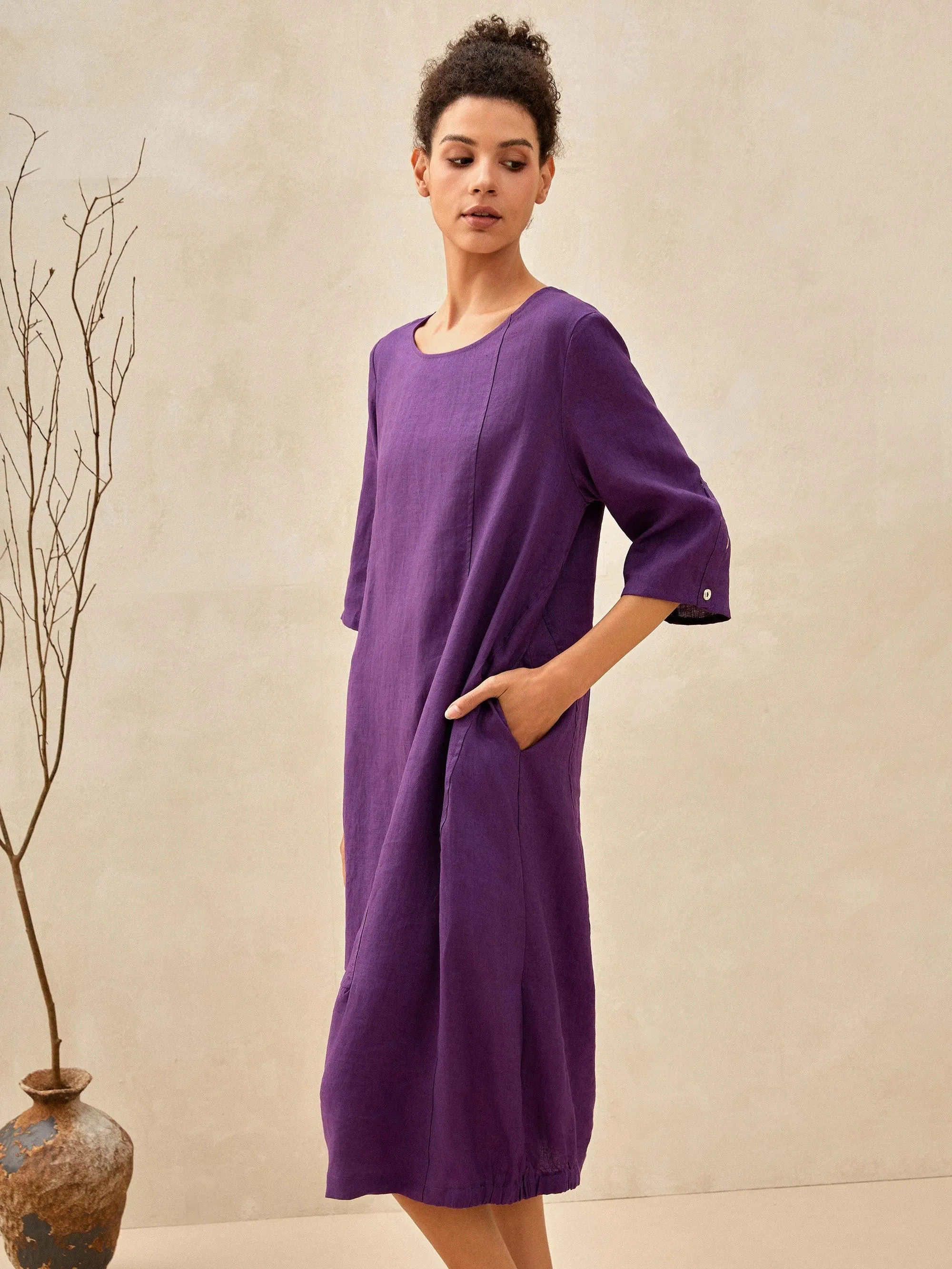 100% Linen Collarless Mid-Length Dress SOFIA sold by Lintico product image thumbnail 4