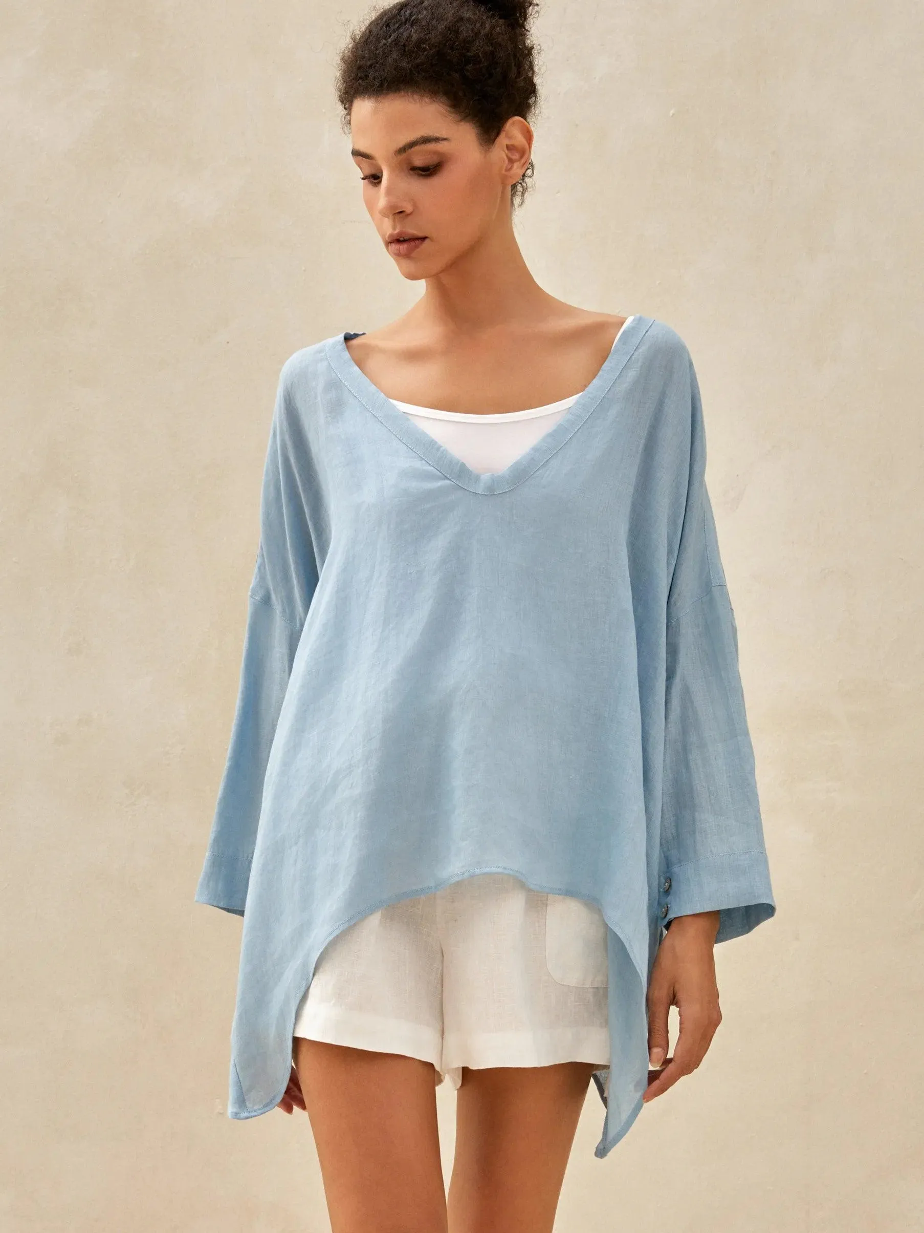 100% Linen Delicate Deep V-Neck Over Top KAIA sold by Lintico