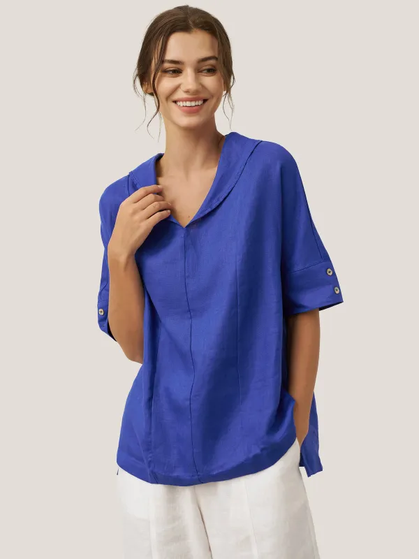 100% Linen V-Neck Short Sleeve Shirt SIERRA sold by Lintico