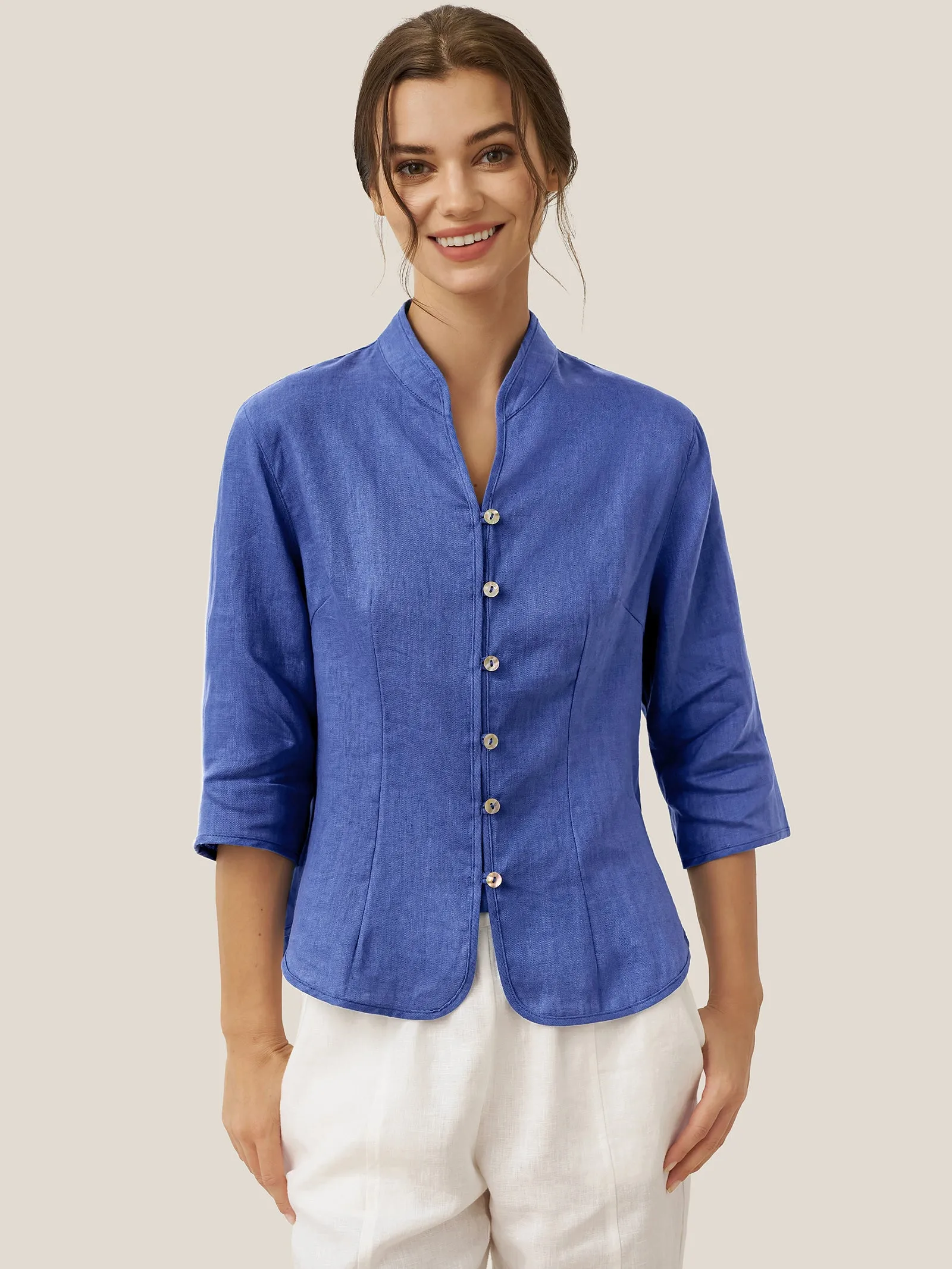 100% Linen Hand Button Fitted Jacket AMELIA sold by Lintico