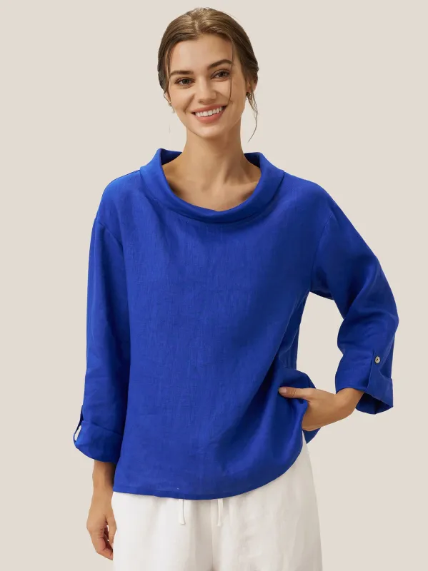 100% Linen Draped Neck Top HOLLIS sold by Lintico