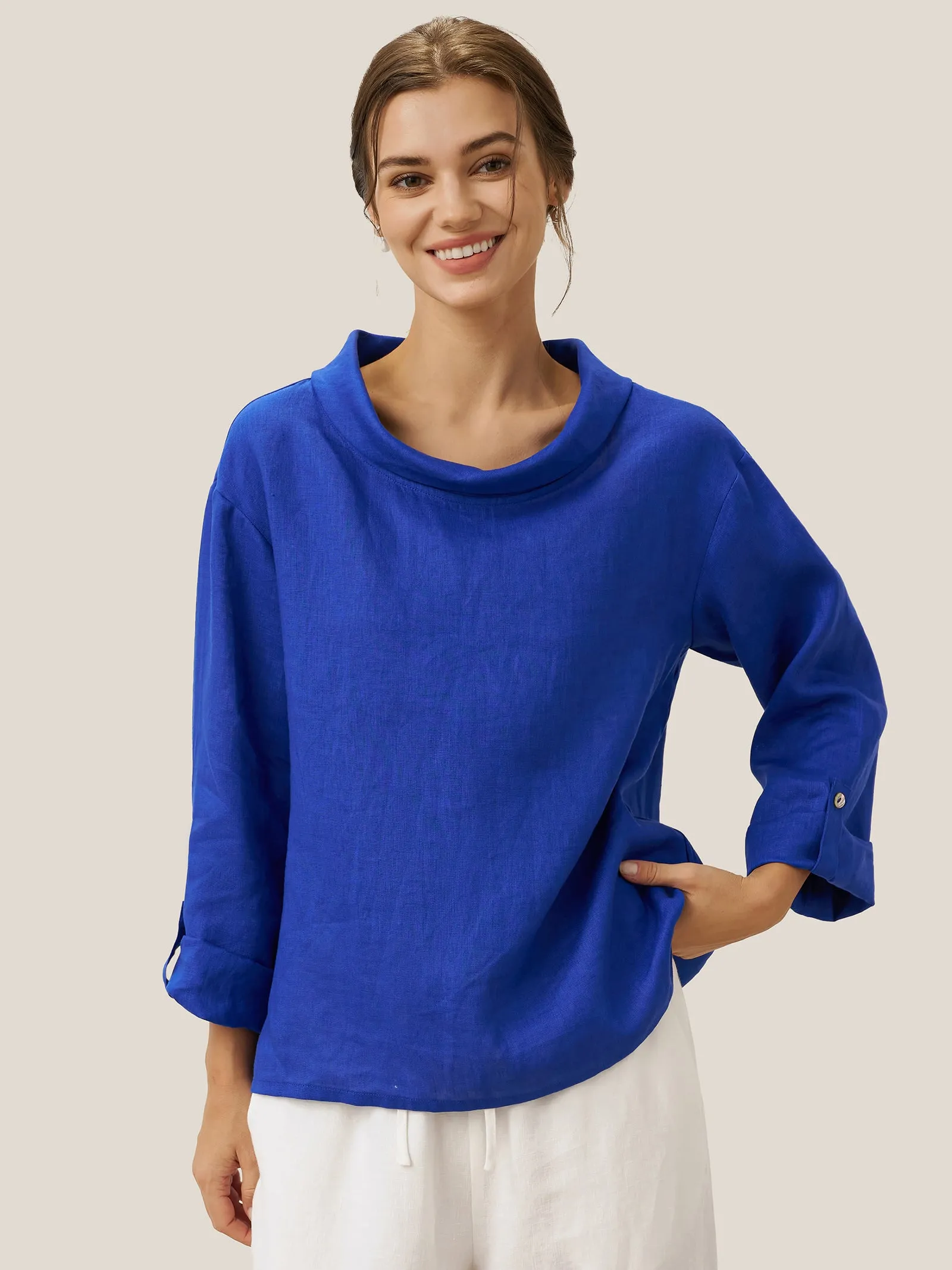 100% Linen Draped Neck Top HOLLIS sold by Lintico